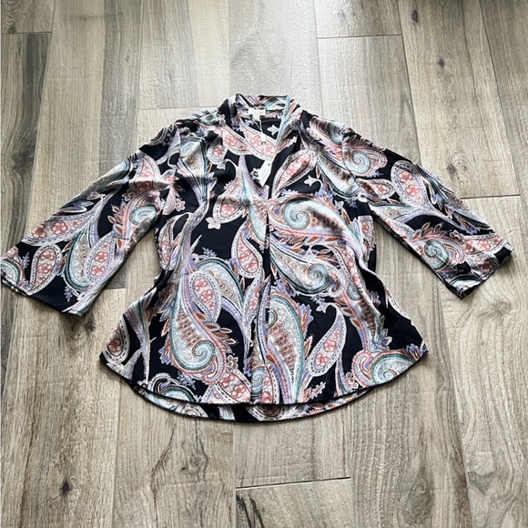 Spense Black Paisley Bell Sleeve Top - Size Small Petite - Picture 1 of 5
